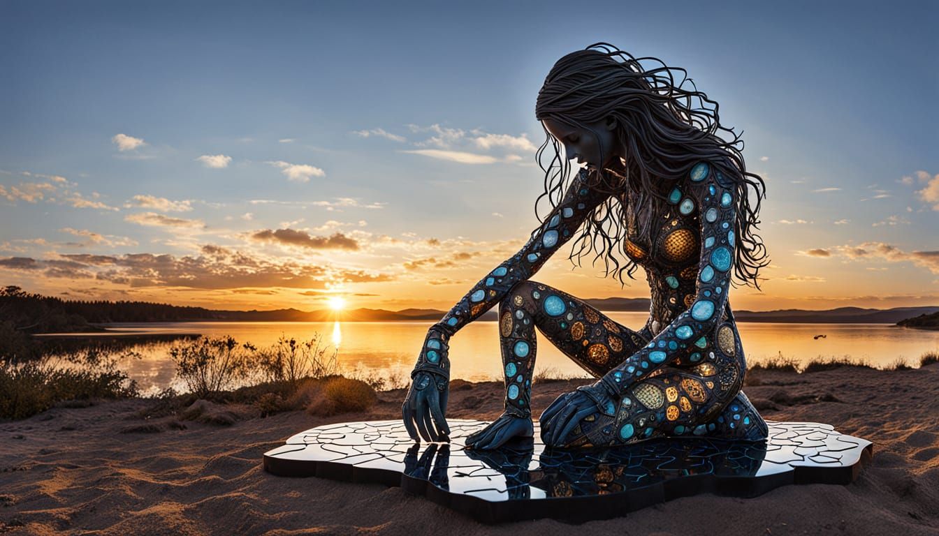 Surreal Fragmented Sculpture of Woman at Sunset