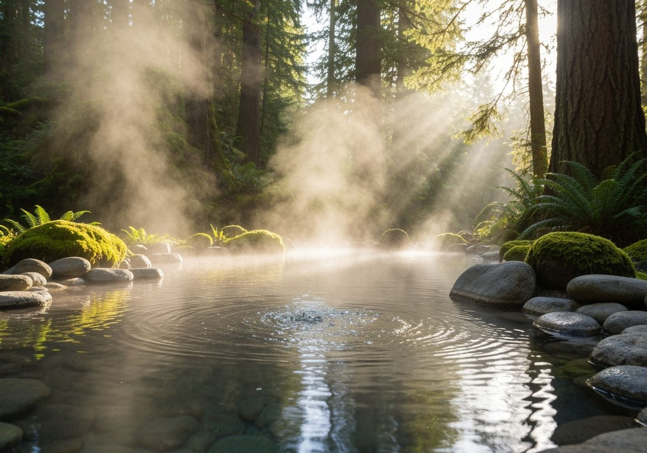Tranquil Forest Hot Spring at Golden Hour