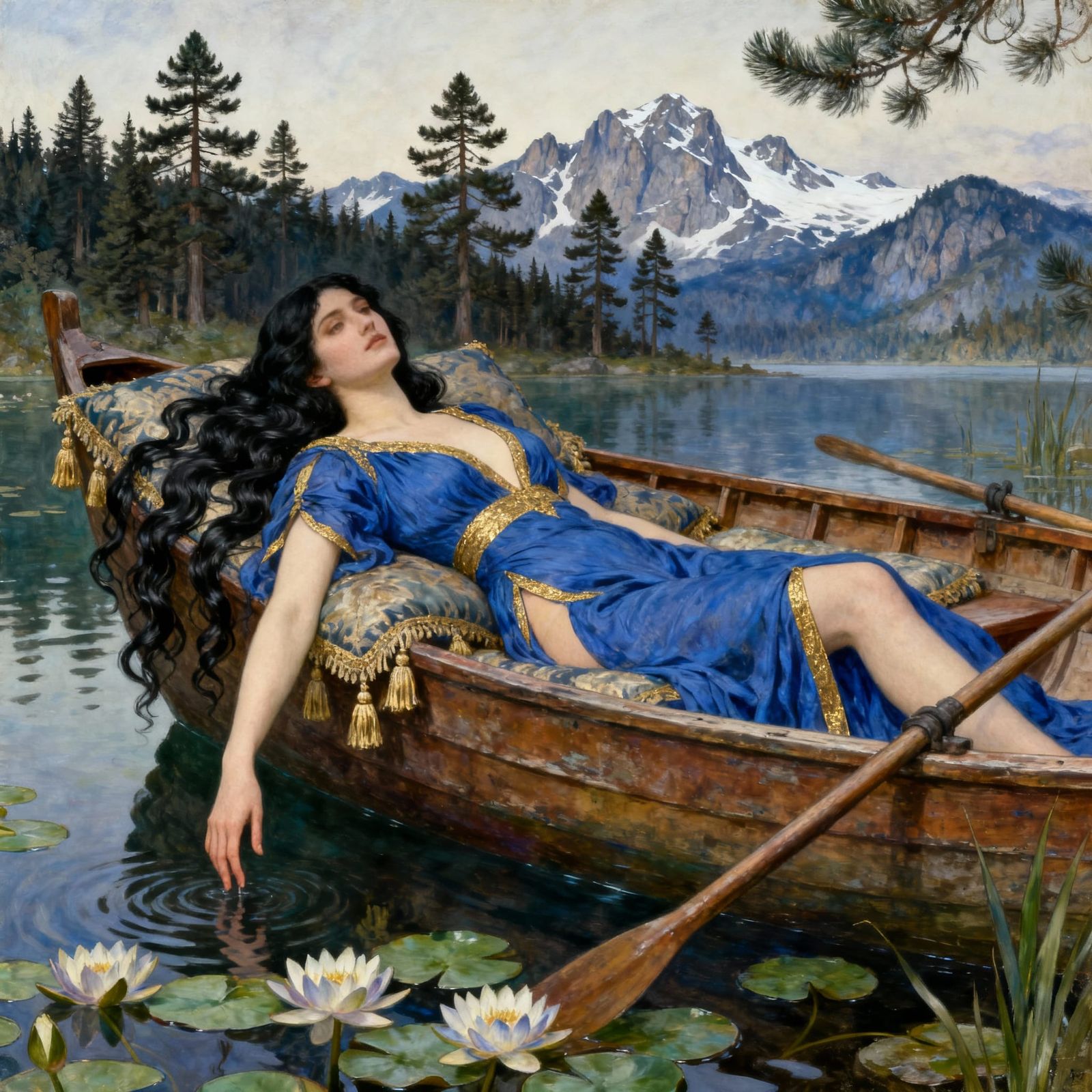 Woman in Royal Blue Dress on Boat, Pre-Raphaelite Style