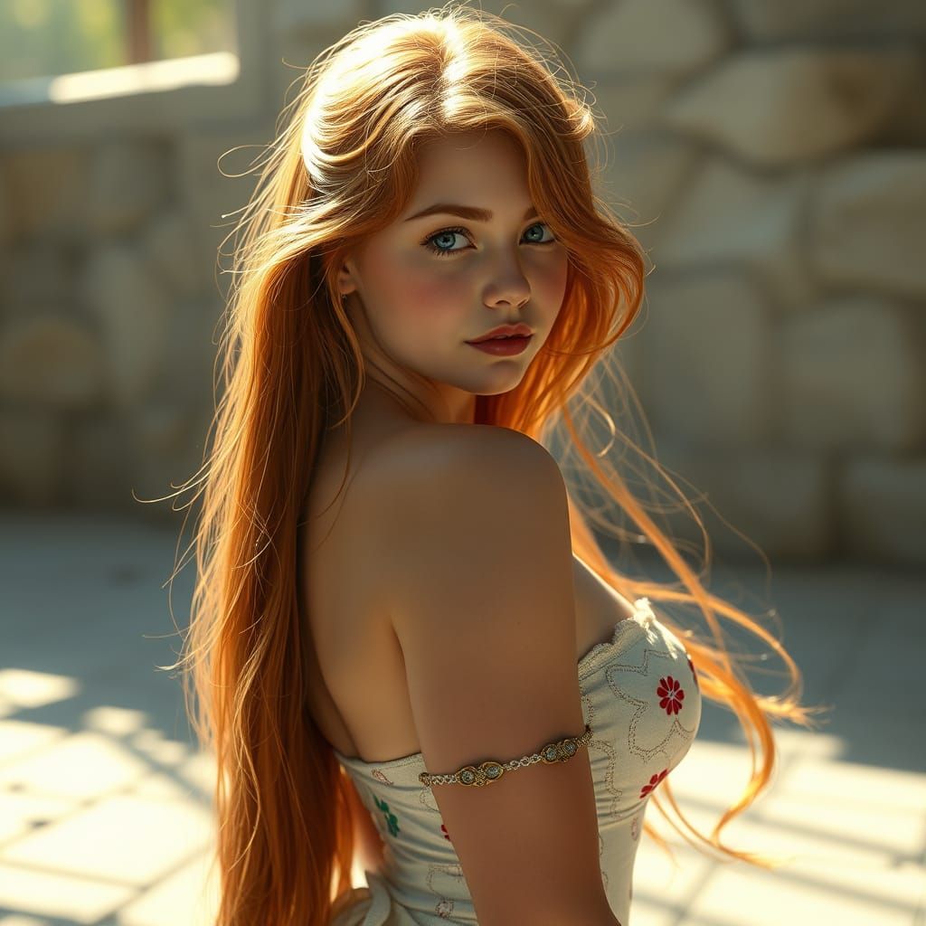 Reddish Blonde Woman in Stunningly Lit Oil Painting