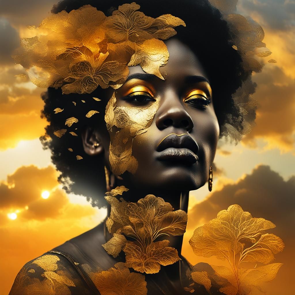 Double Exposure: Black Woman with Gold Leaf