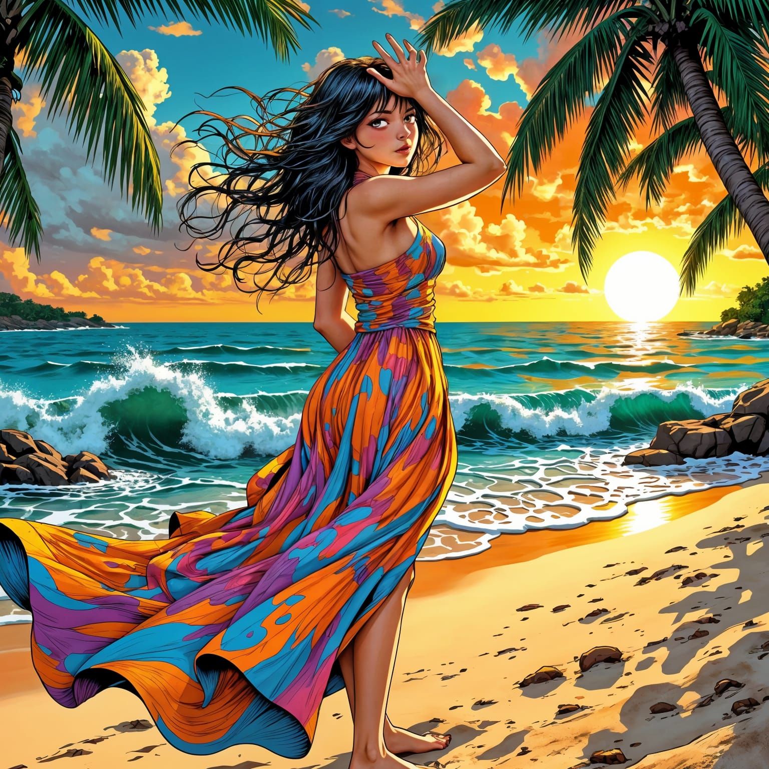 Empowered Goddess on Vibrant Beach, in Manga Style