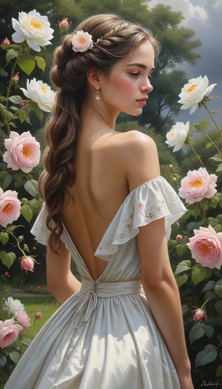 Elegant Renaissance Woman in a Vibrant Garden