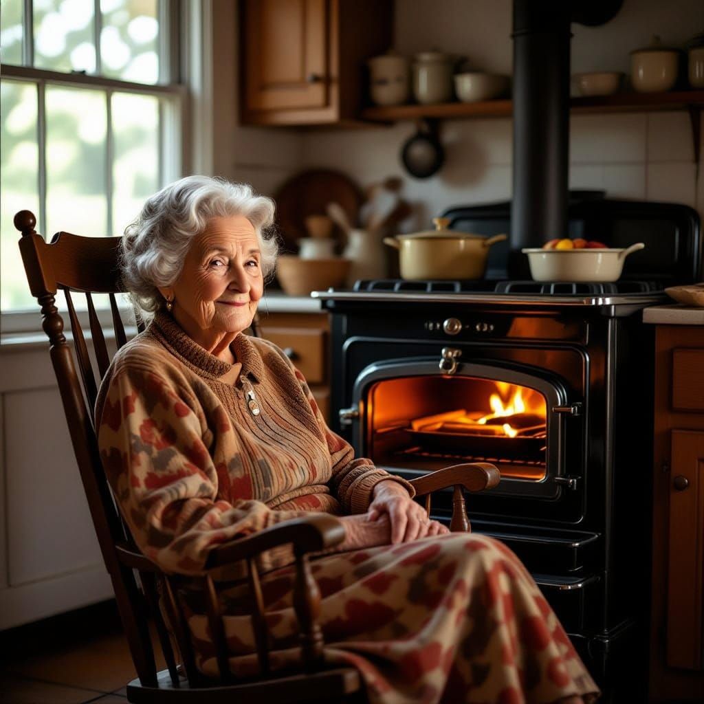 Nostalgic Oil Painting of Elderly Woman by Vintage Stove