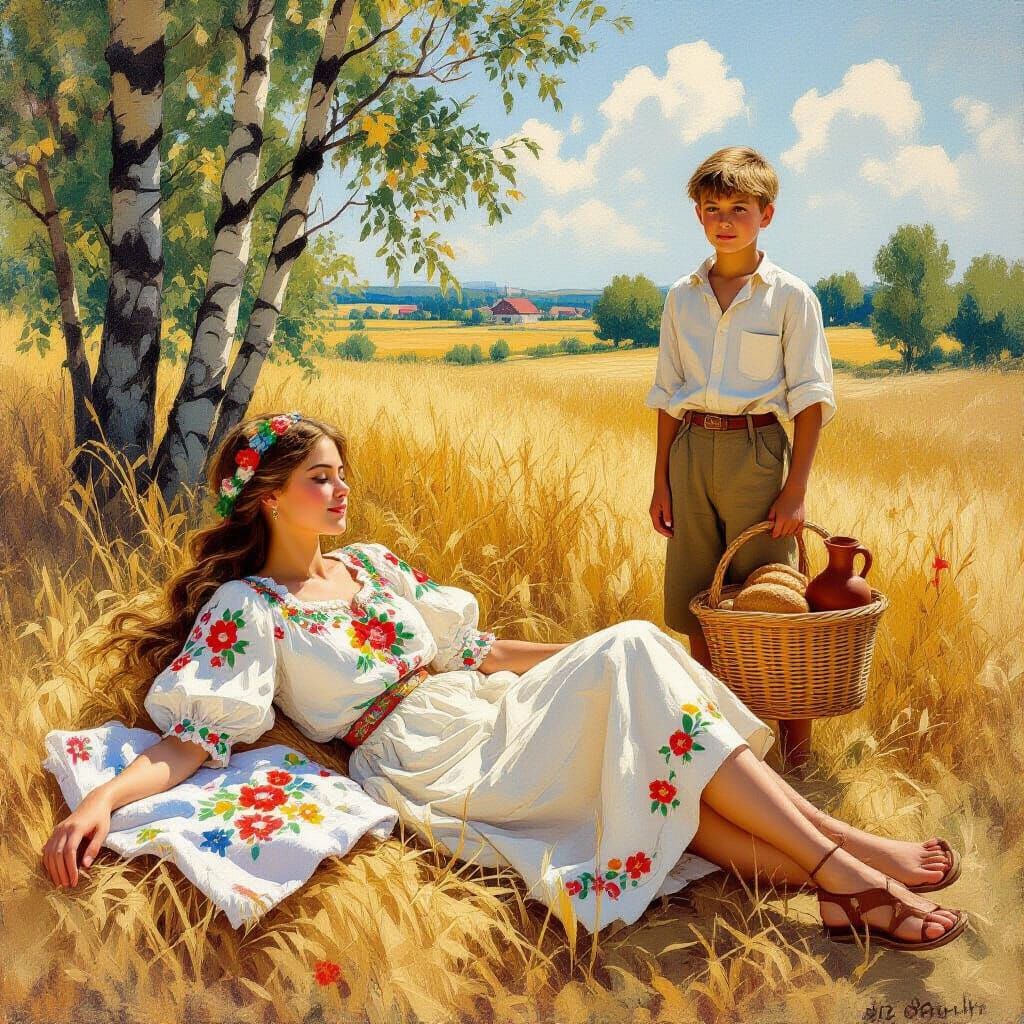 Slavic Girl in Meadow, Impressionist Style