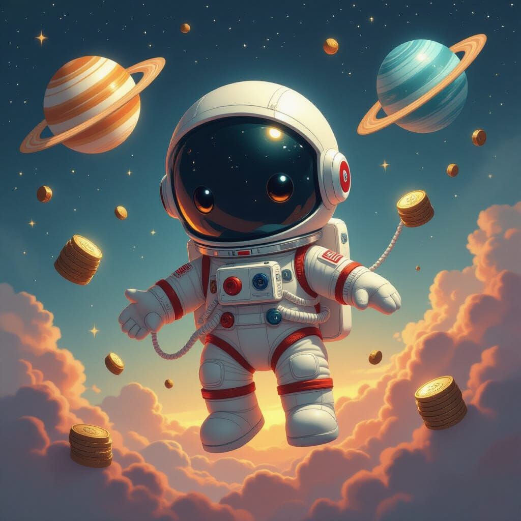 Plush Astronaut Tethered by Dollar Bills in Cosmic Dreamscap...