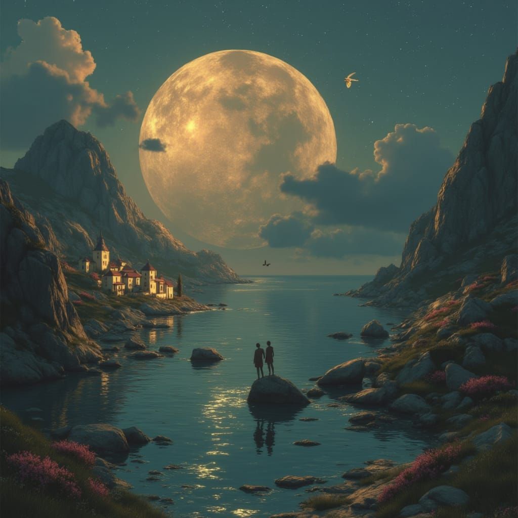 Moonlit Sea Village Digital Painting in Gouache Style