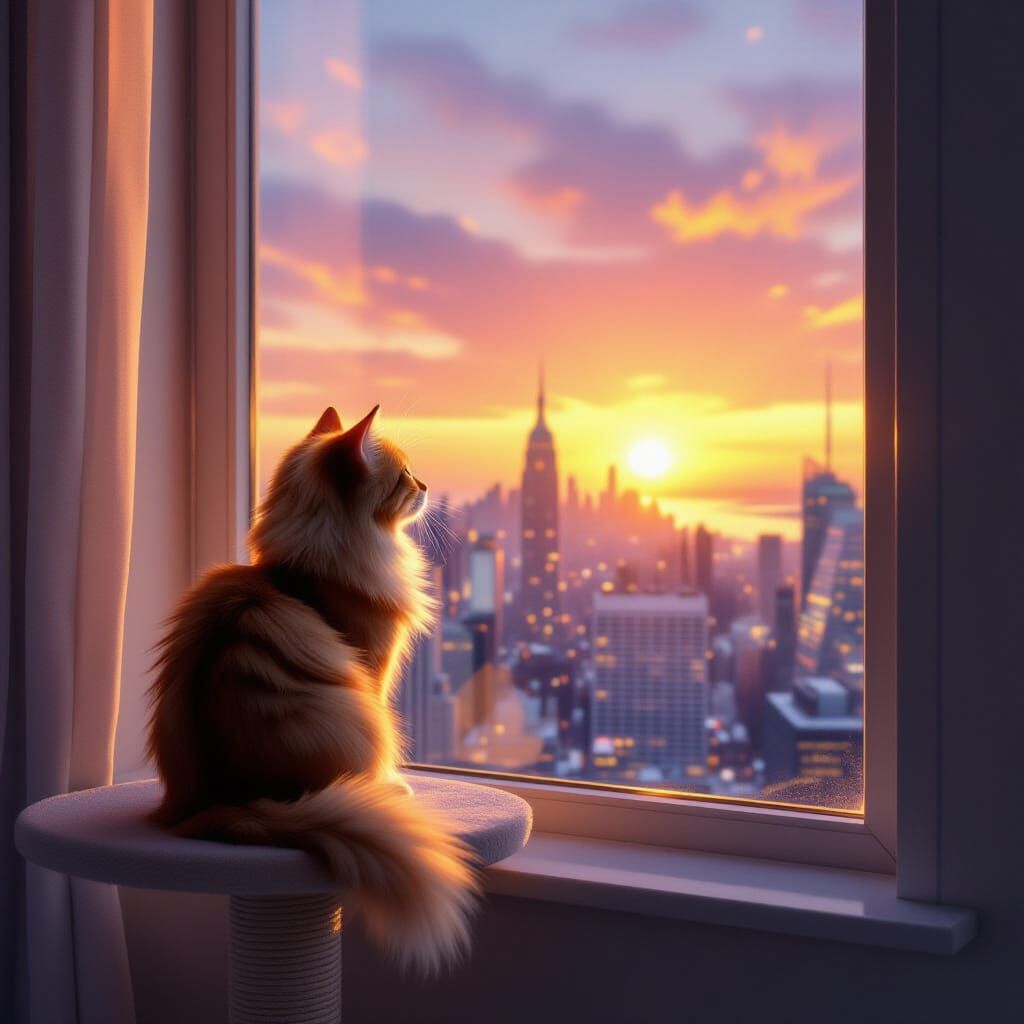 Ginger Cat Watches Sunrise Over Cityscape in Watercolor Anim...