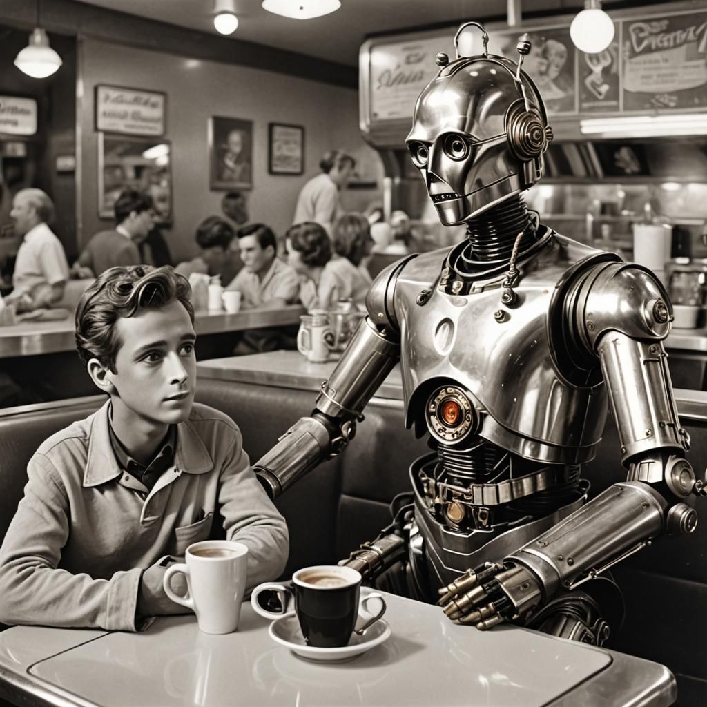 C3PO and Johnny 5 at a 1950s Diner