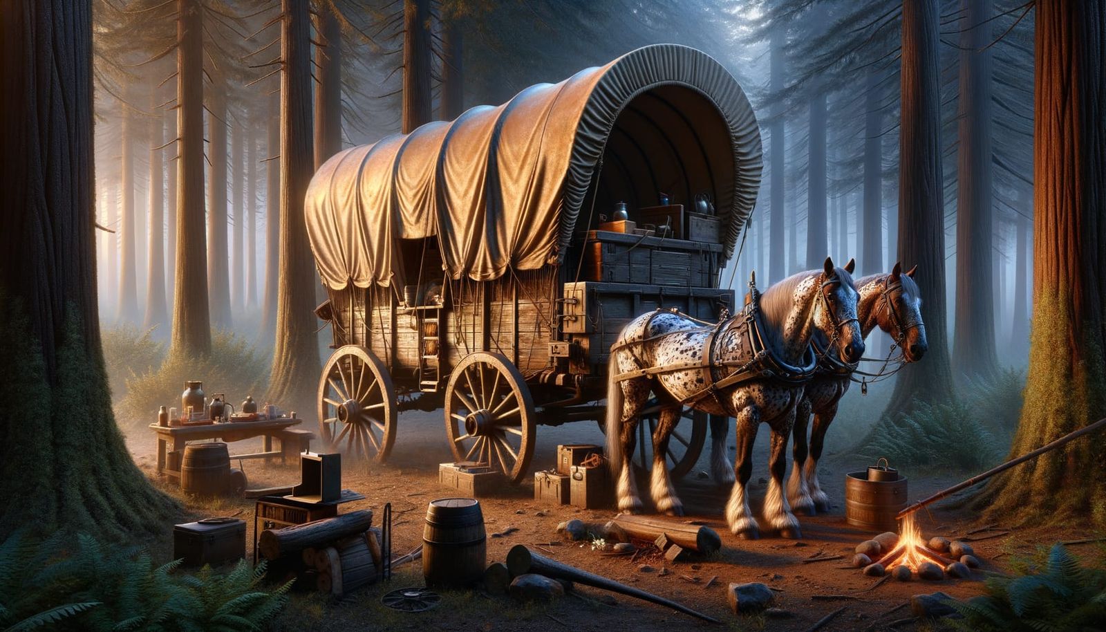 Square Covered Wagon in Evening Woods