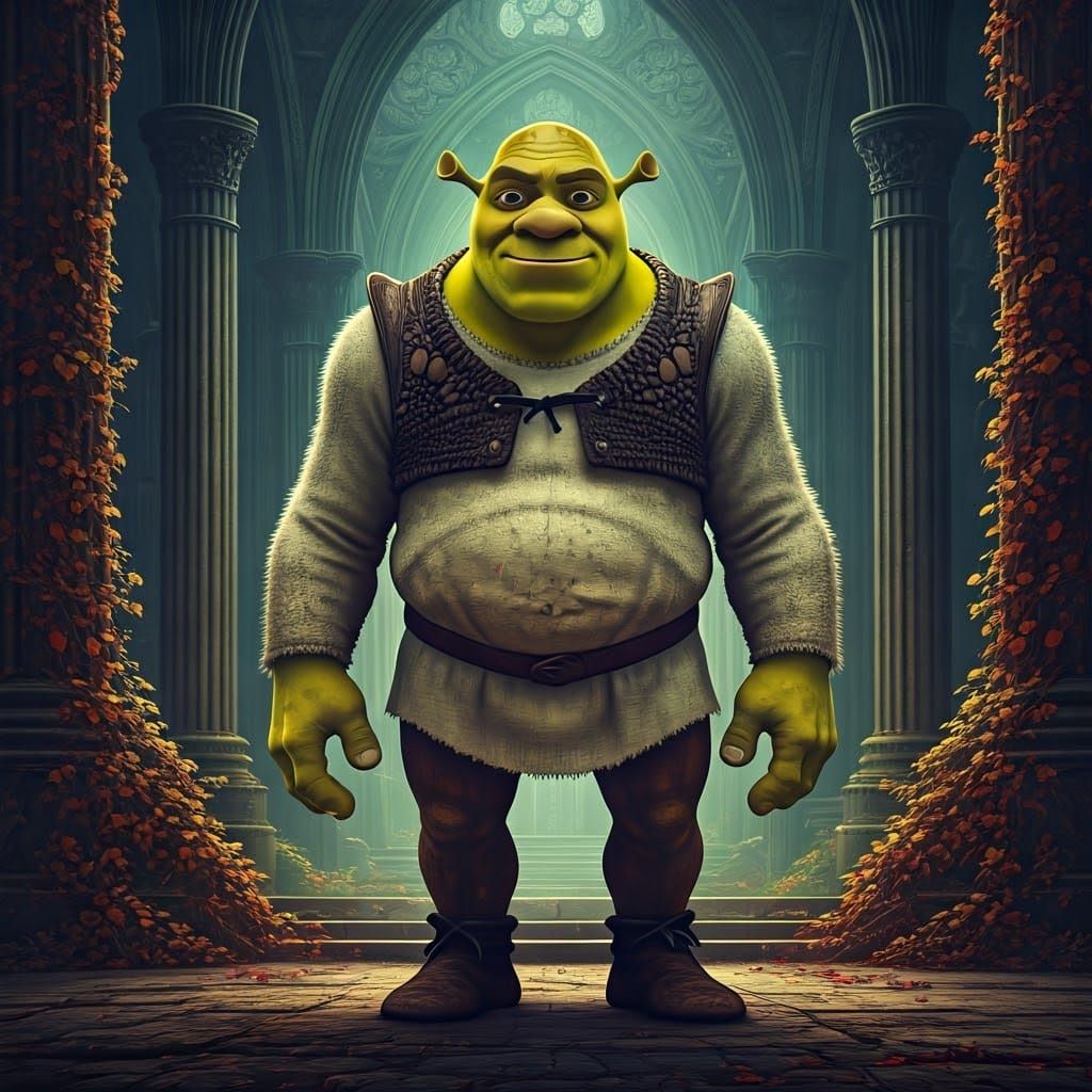 Shrek-Gru Hybrid in Mystical Realm, Fantasy Art