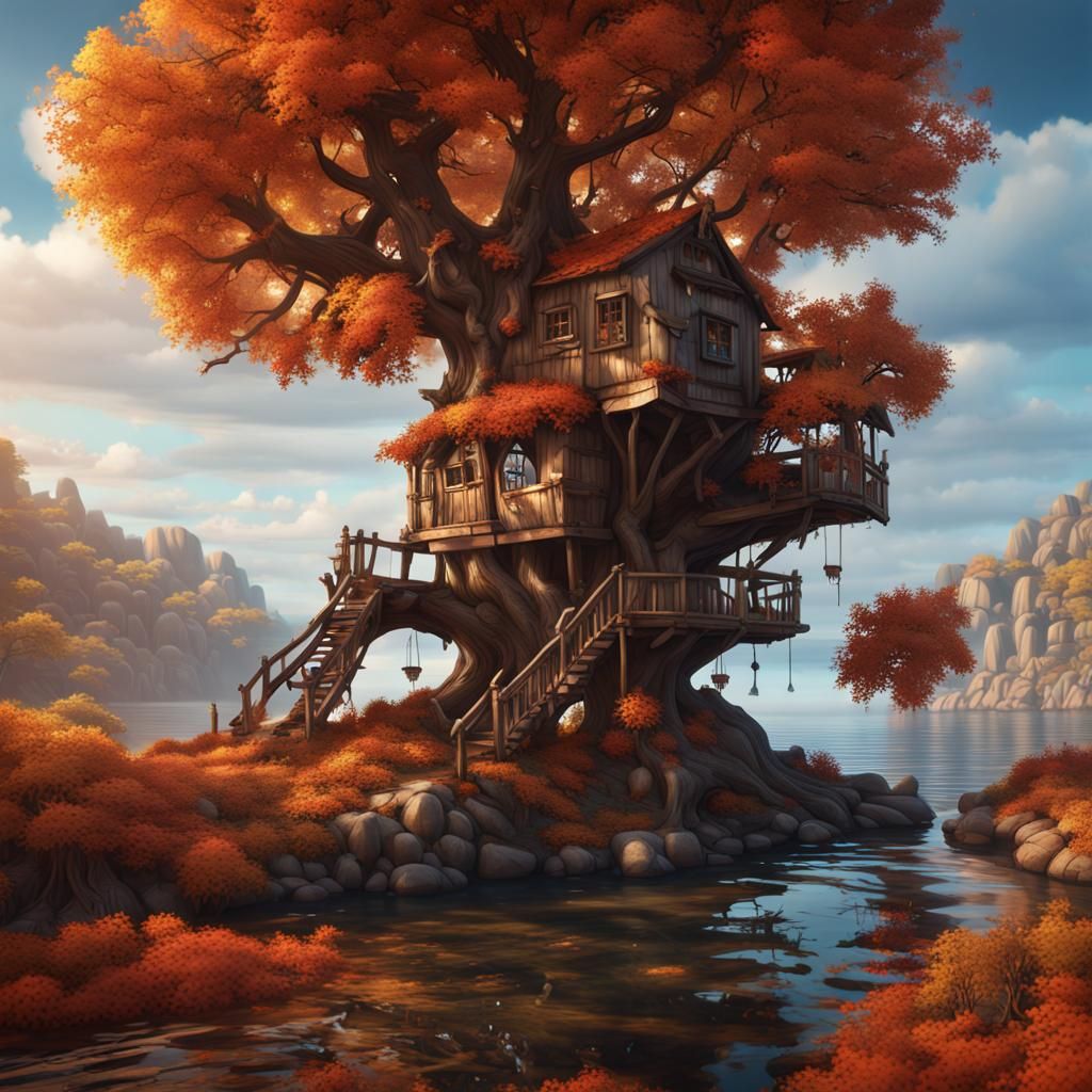 Autumnal Island Treehouse: Detailed Matte Painting