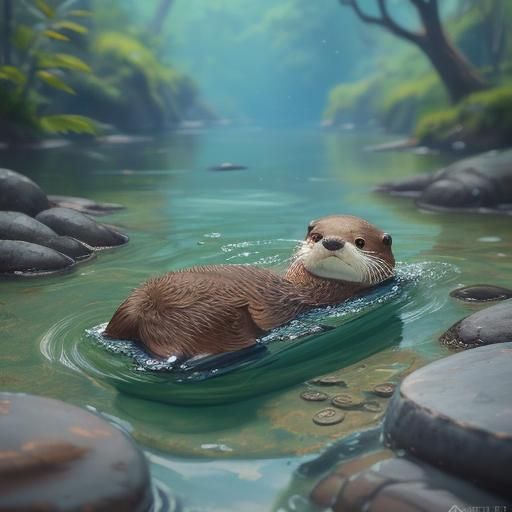 Adorable Otters in Natural Habitat: 3D Anime Art