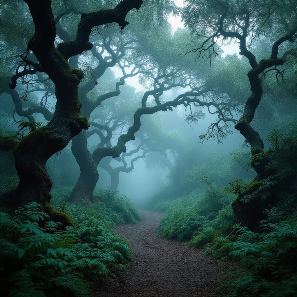 Misty Forest Path with Ancient Oak Trees
