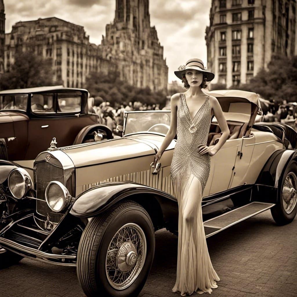 Elegant Woman and Classic Car in Art Deco Setting