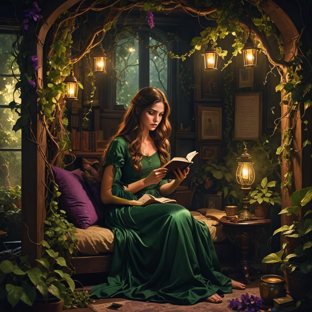 Girl Reading in Dark Fantasy Matte Painting