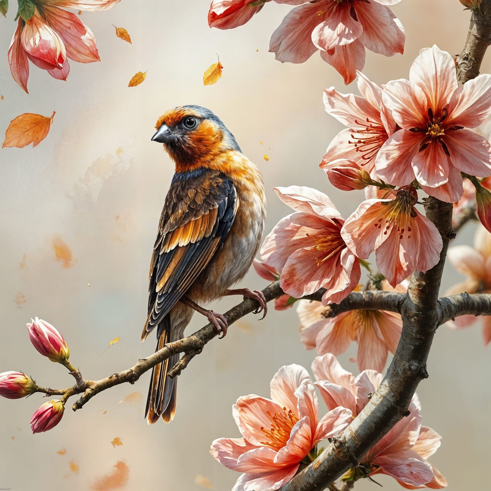 Bird on Floral Branch Mixed Media Painting