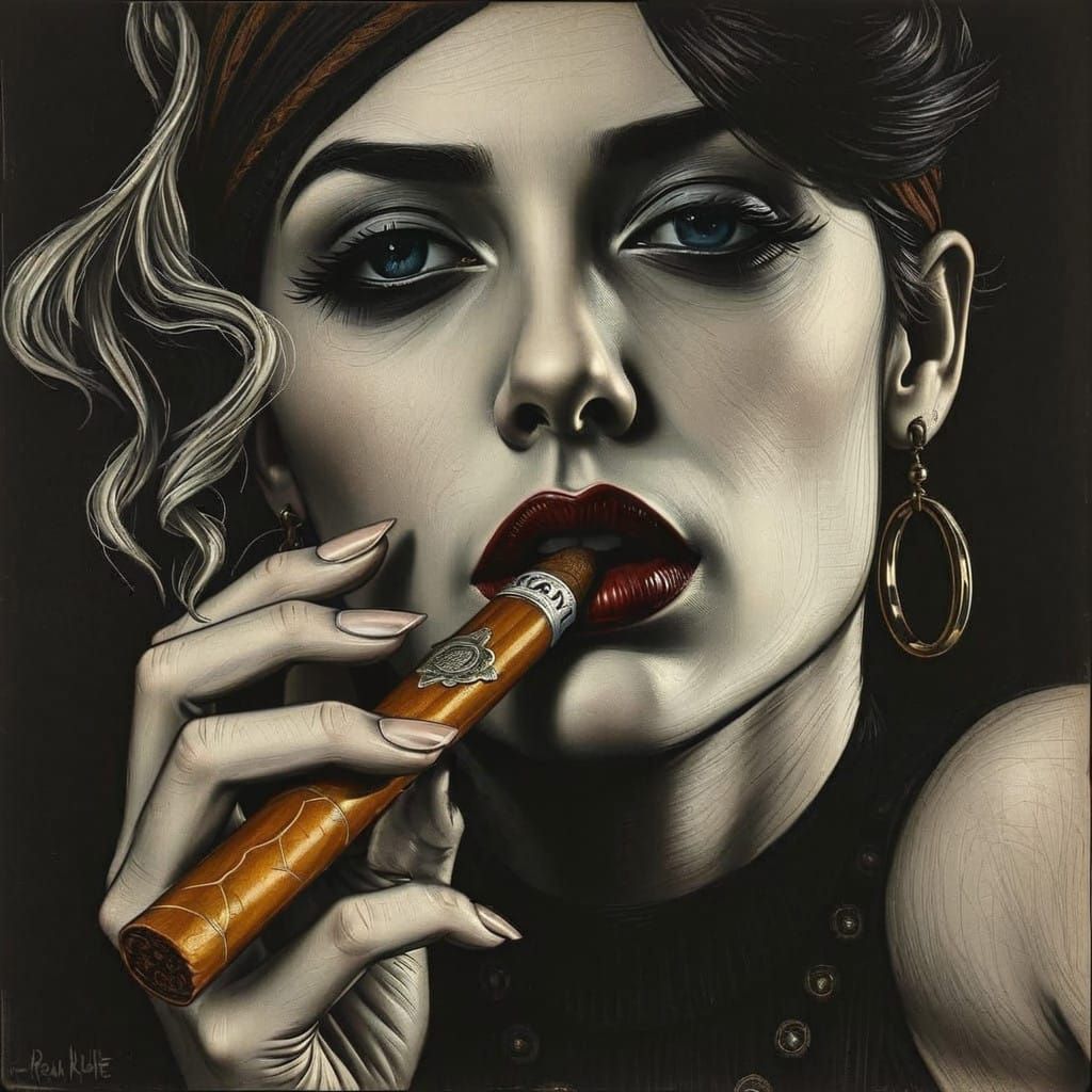 Sultry Seductress Puffs Cigar in Whimsical Scratchboard Ink...
