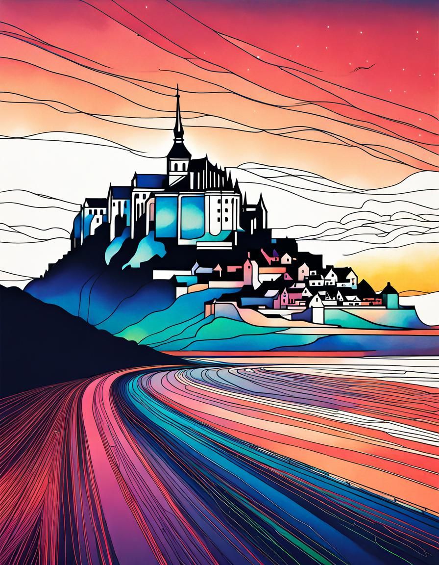 Mont Saint Michel and Northern Lights in Japandi Style