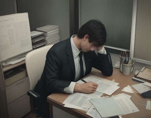 Gloomy Office Worker in Surreal Watercolor Style