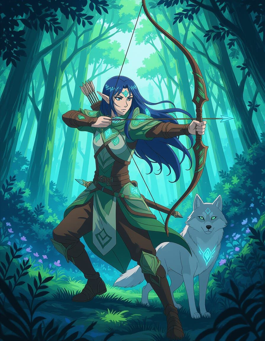 Elven Archer and Spirit Wolf in Anime Style