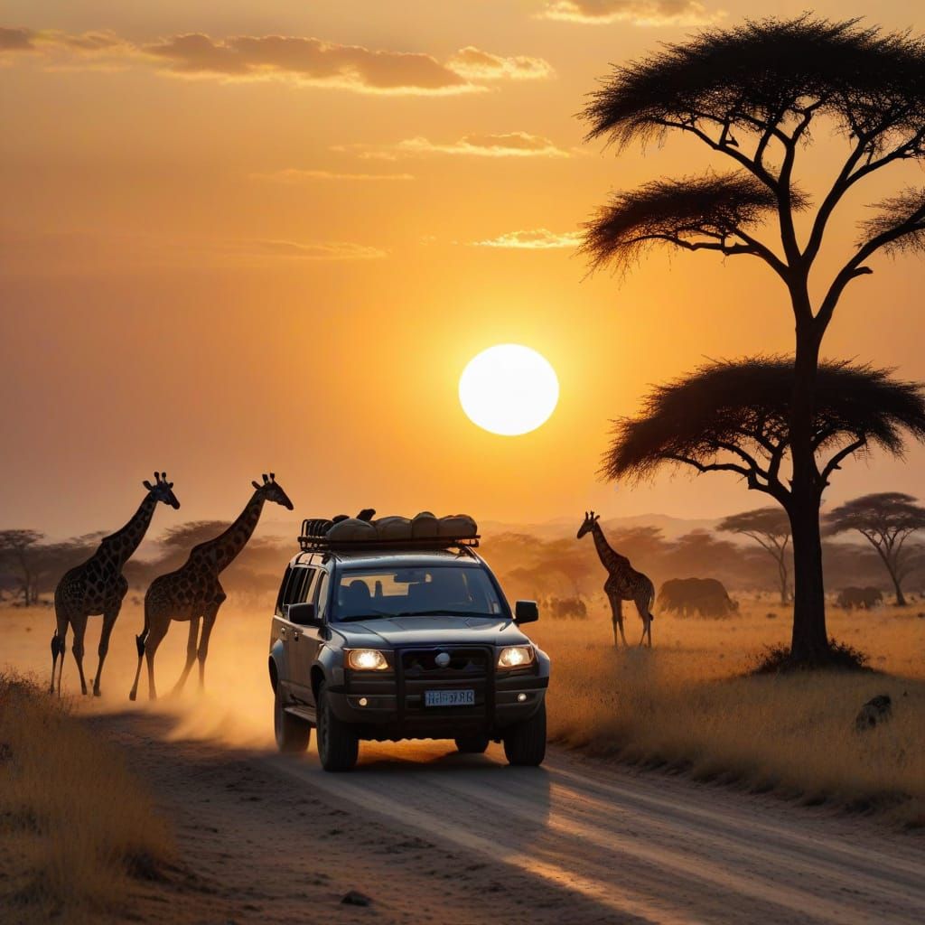 Jeep Safari at Sunset with Giraffes and Antelopes