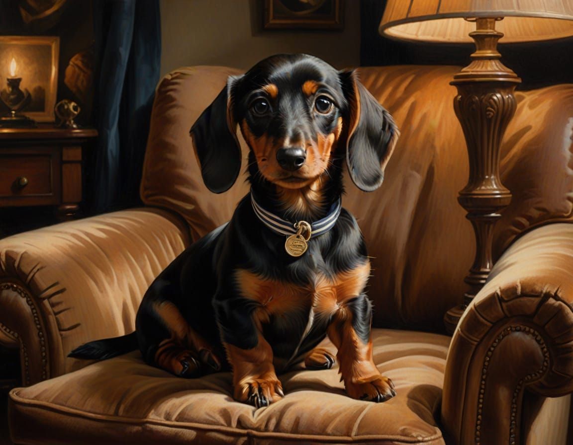 Dachshund Sailor Puppy in Plush Armchair Oil Painting