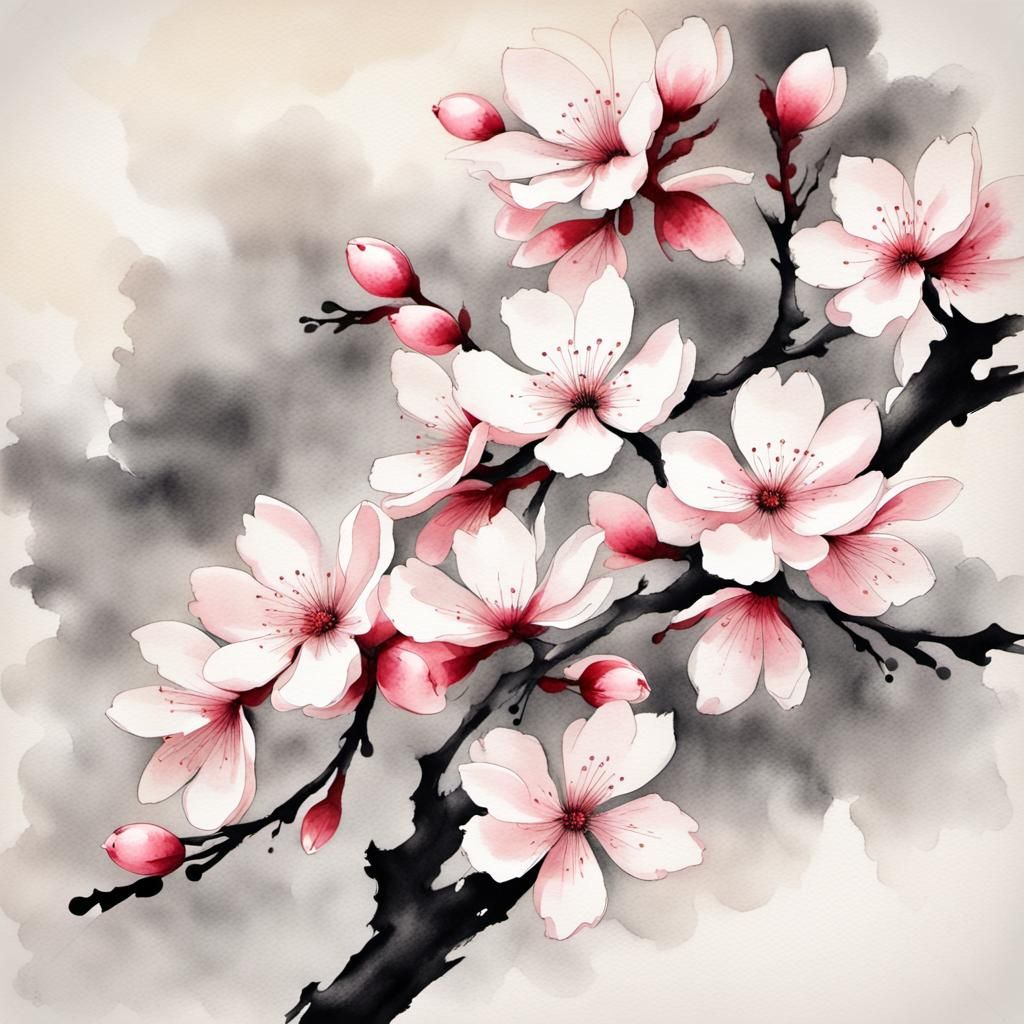 Sakura Flower in Japanese Ink Painting Style