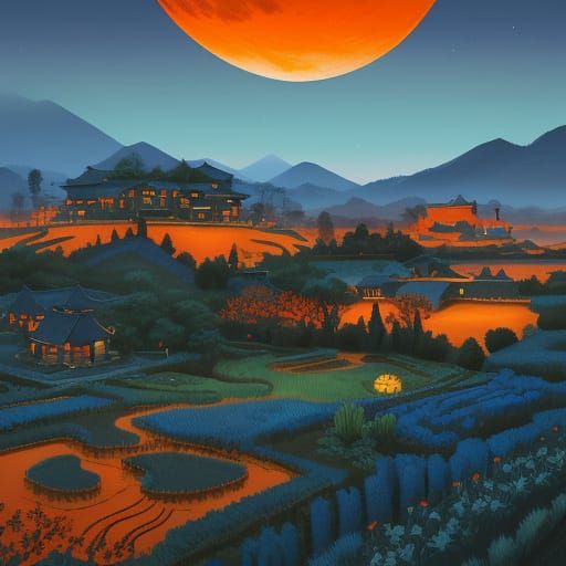 Serene Sumi-e Village at Dawn