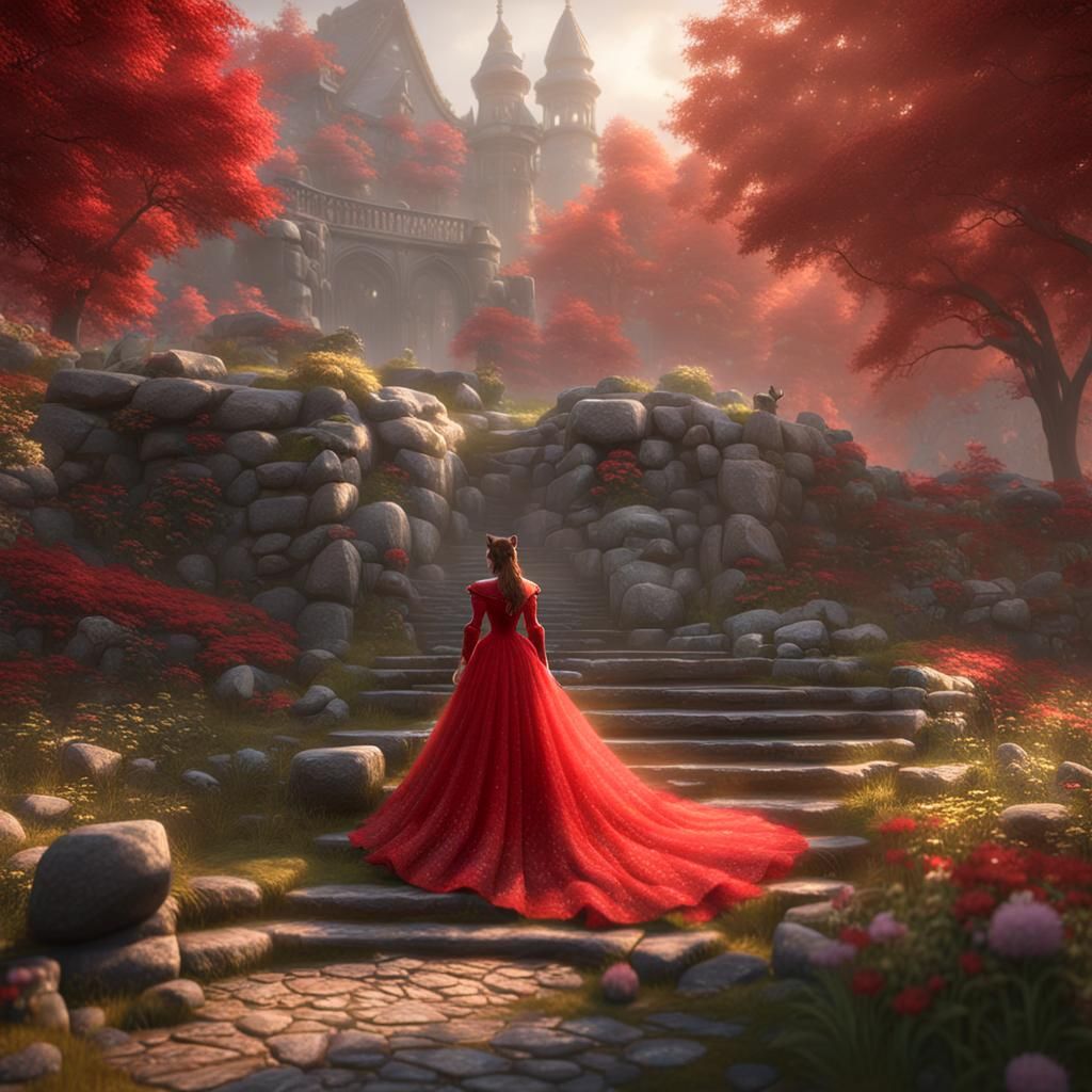 Big Cat in Red Dress: Ethereal 3D Fantasy