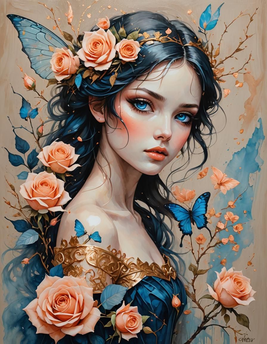 Onyx Silhouette Fairy in Peach Roses