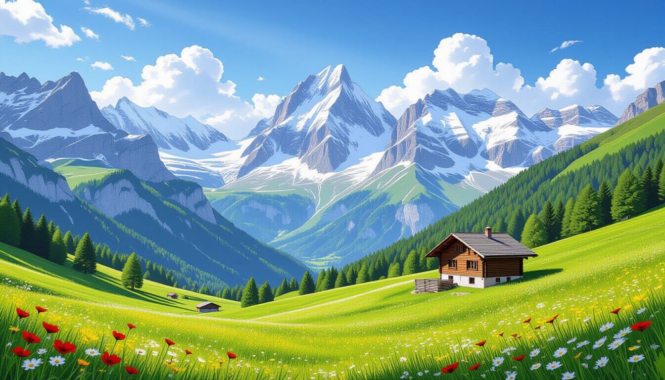 Swiss Alps Panorama in Charcoal Drawing Style