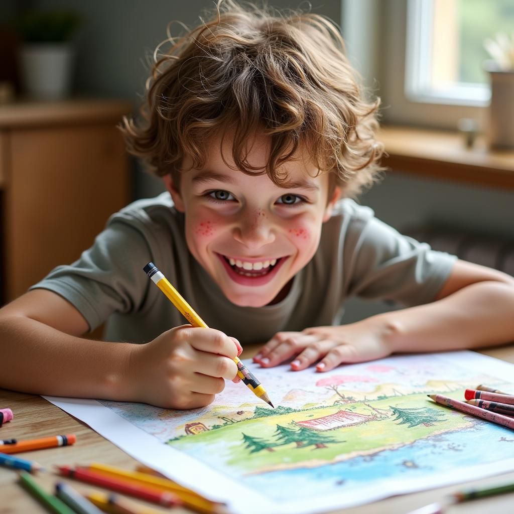 Young Boy's Whimsical Watercolor Landscape Drawing
