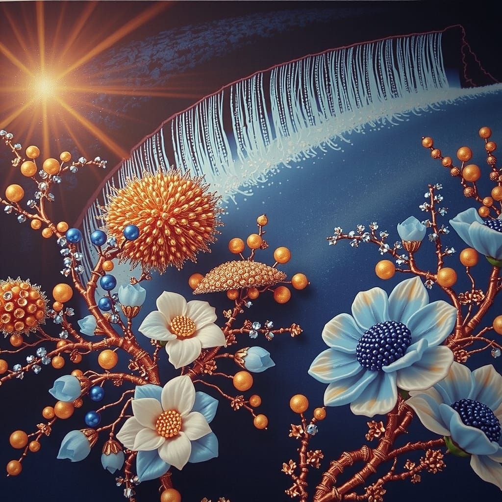 Ornate Beaded Waterfall Artwork with Gold and Silver Details