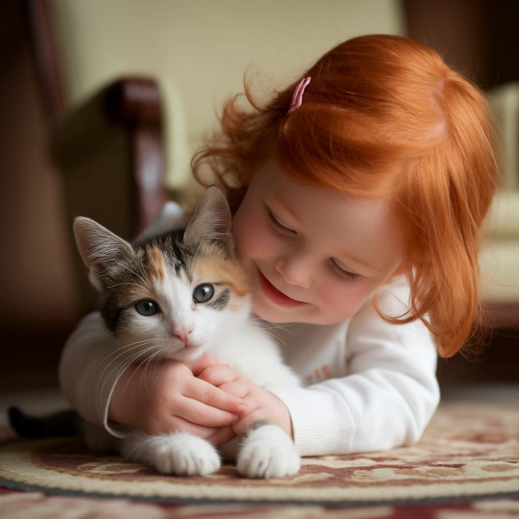 Cute Red-Haired Girl Hugs and Cuddles with Calico Kitten in ...
