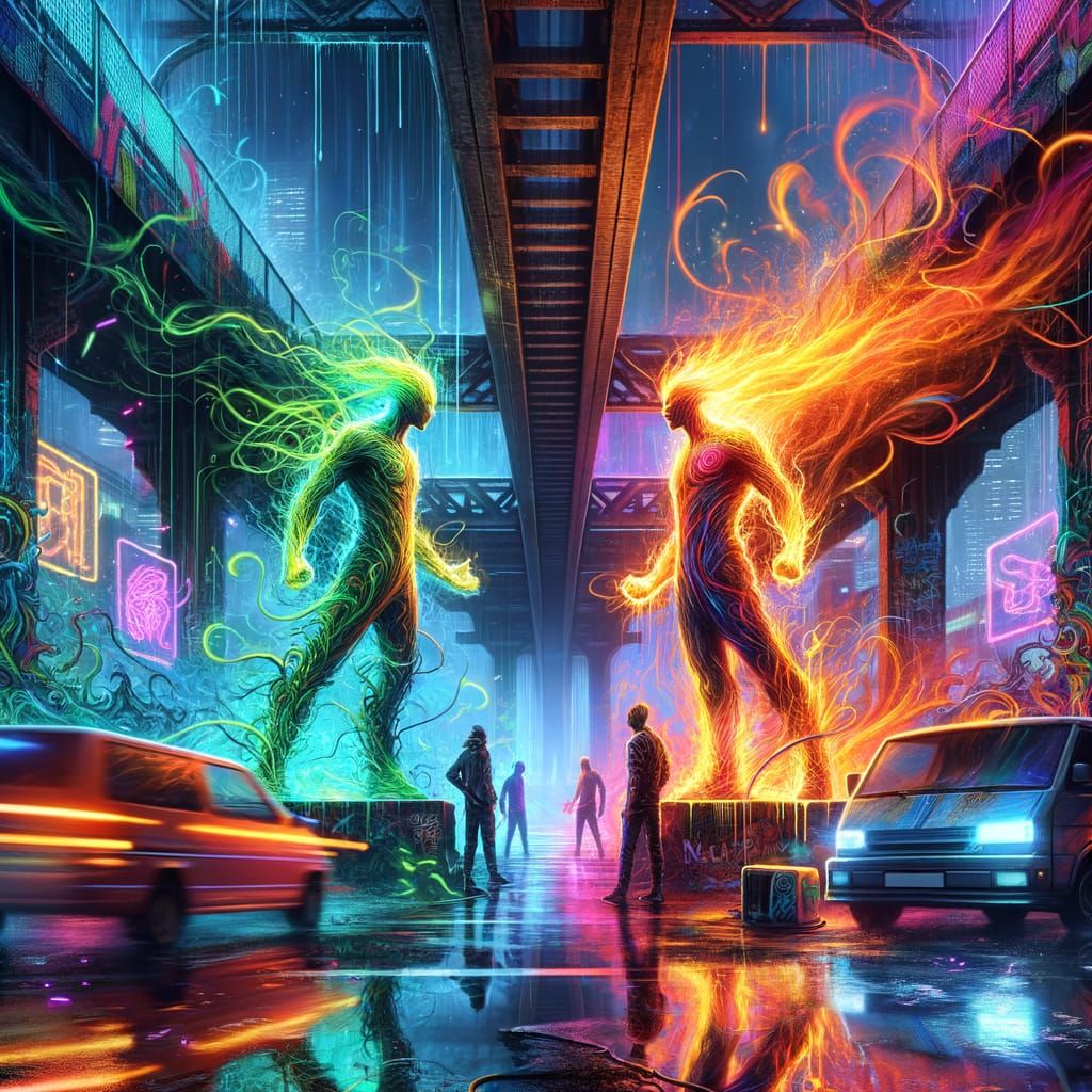 Neon Clash: Street Art Duel in Cyberpunk Cityscape