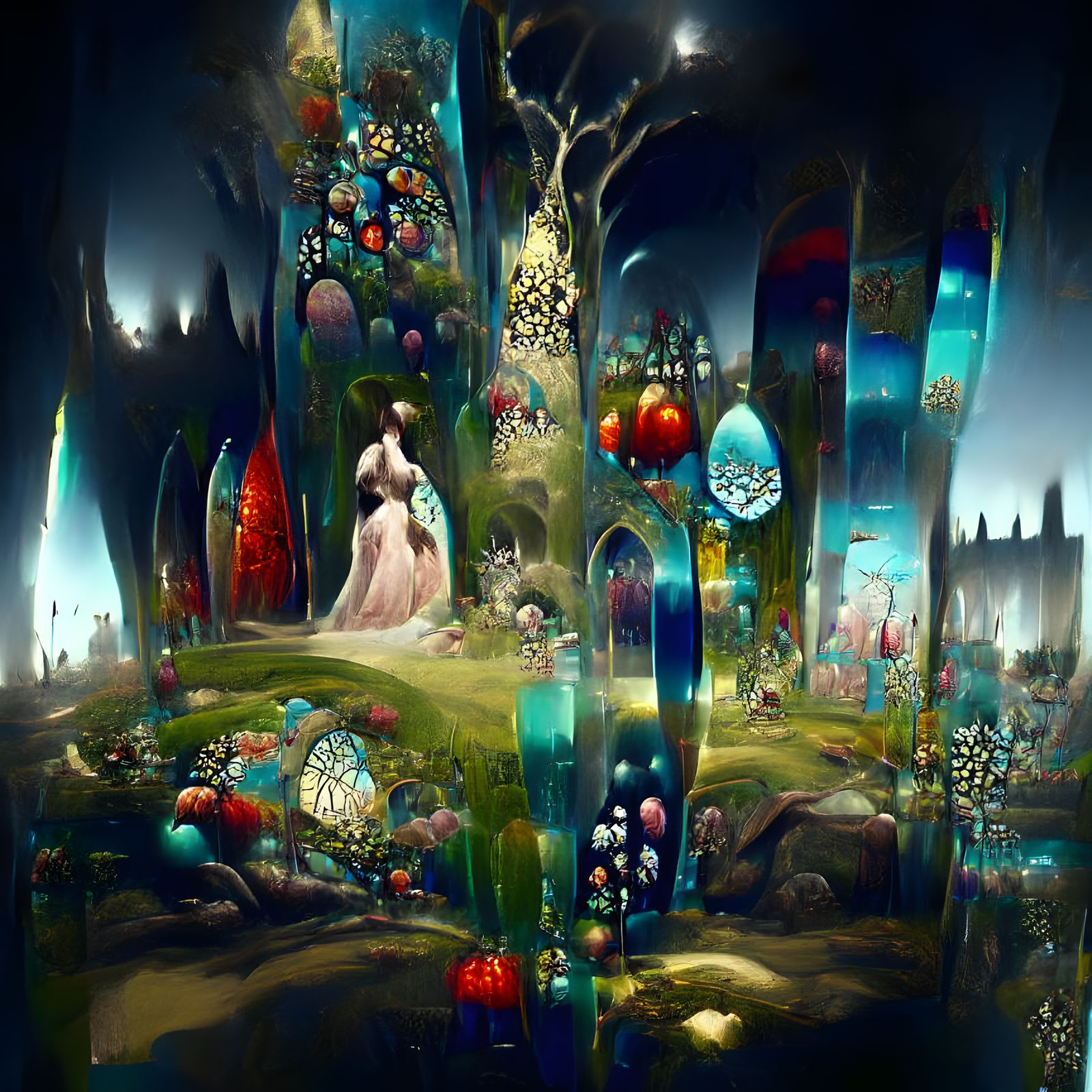 Surreal Alice in Wonderland Dream Tree, Stained Glass Style