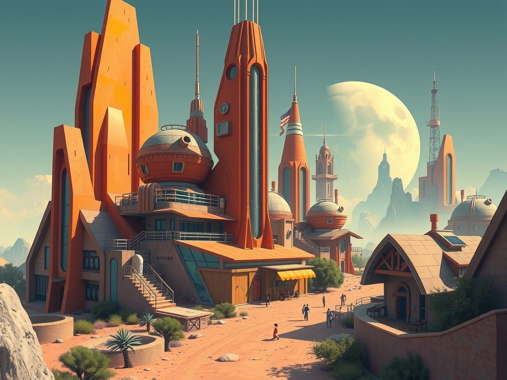 Futuristic Village Art Inspired by Syd Mead