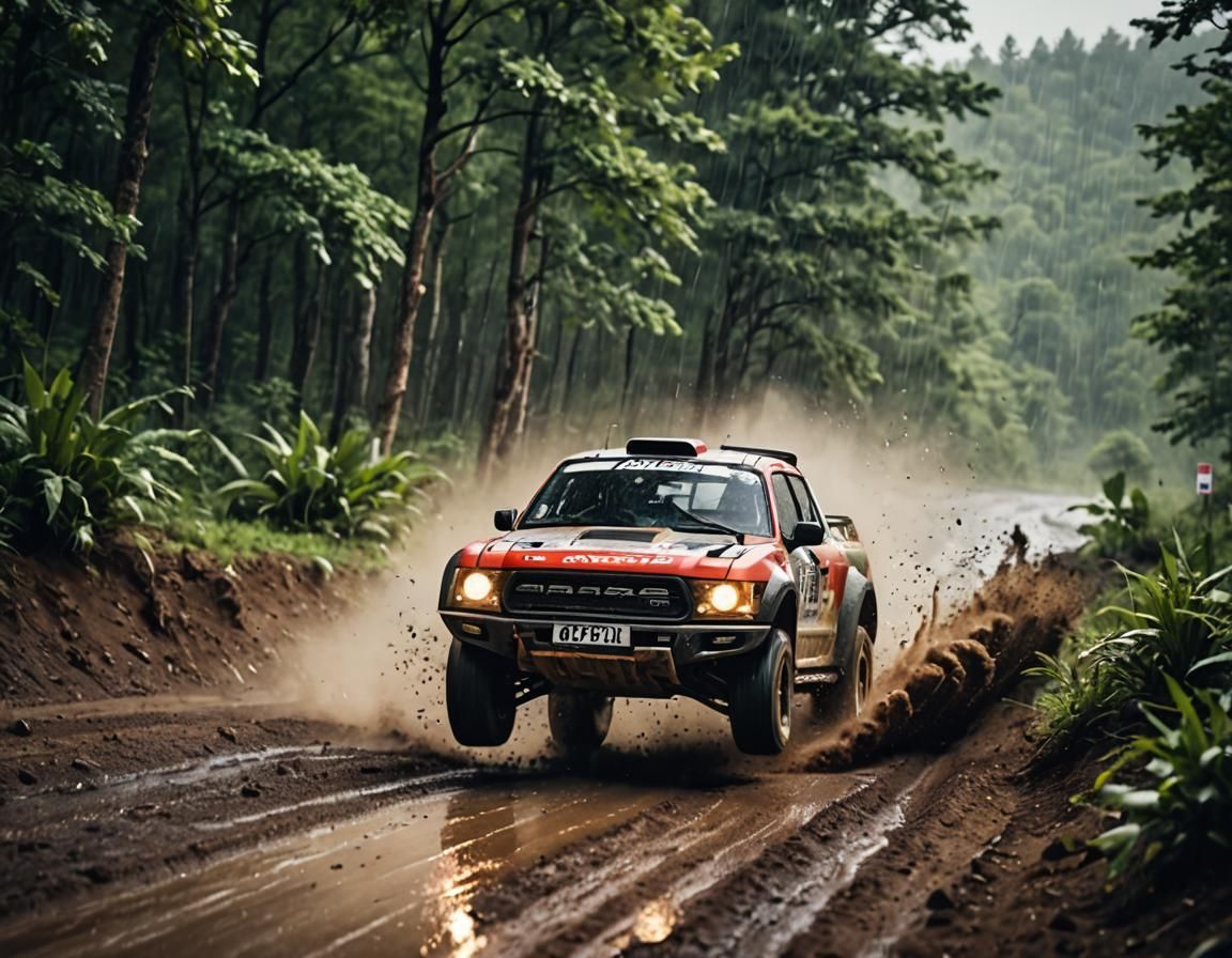 Rally Car Jumps on Dirt Road in Pouring Rain