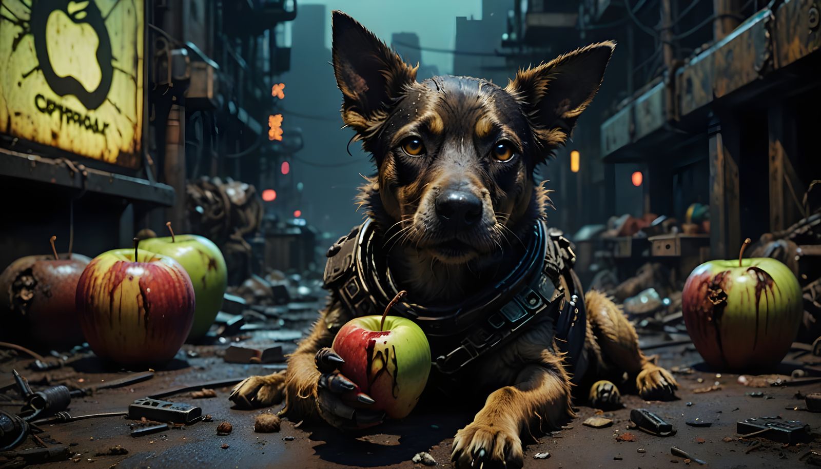 Cyberpunk Dog Devours Rotten Apple in Gritty Post-Apocalypti...