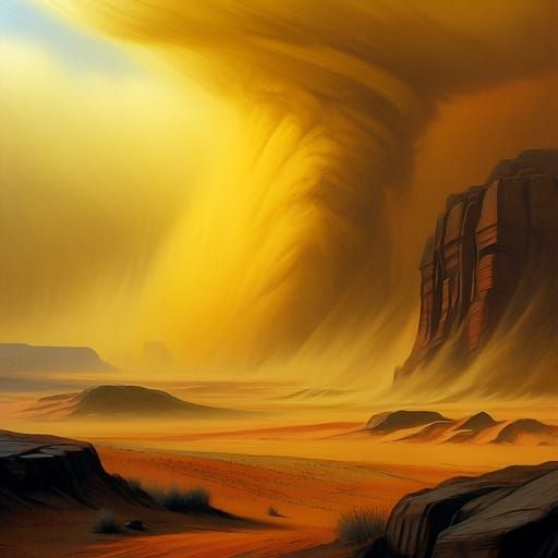 Desert Landscape in Dust Storm with Yellow Light