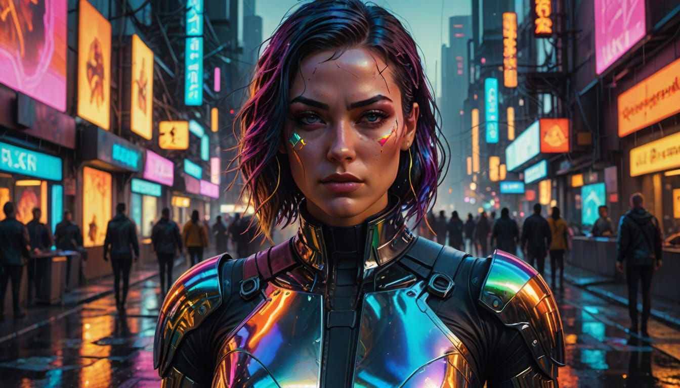 Cyberpunk Superheroine in Prism Light Reflections