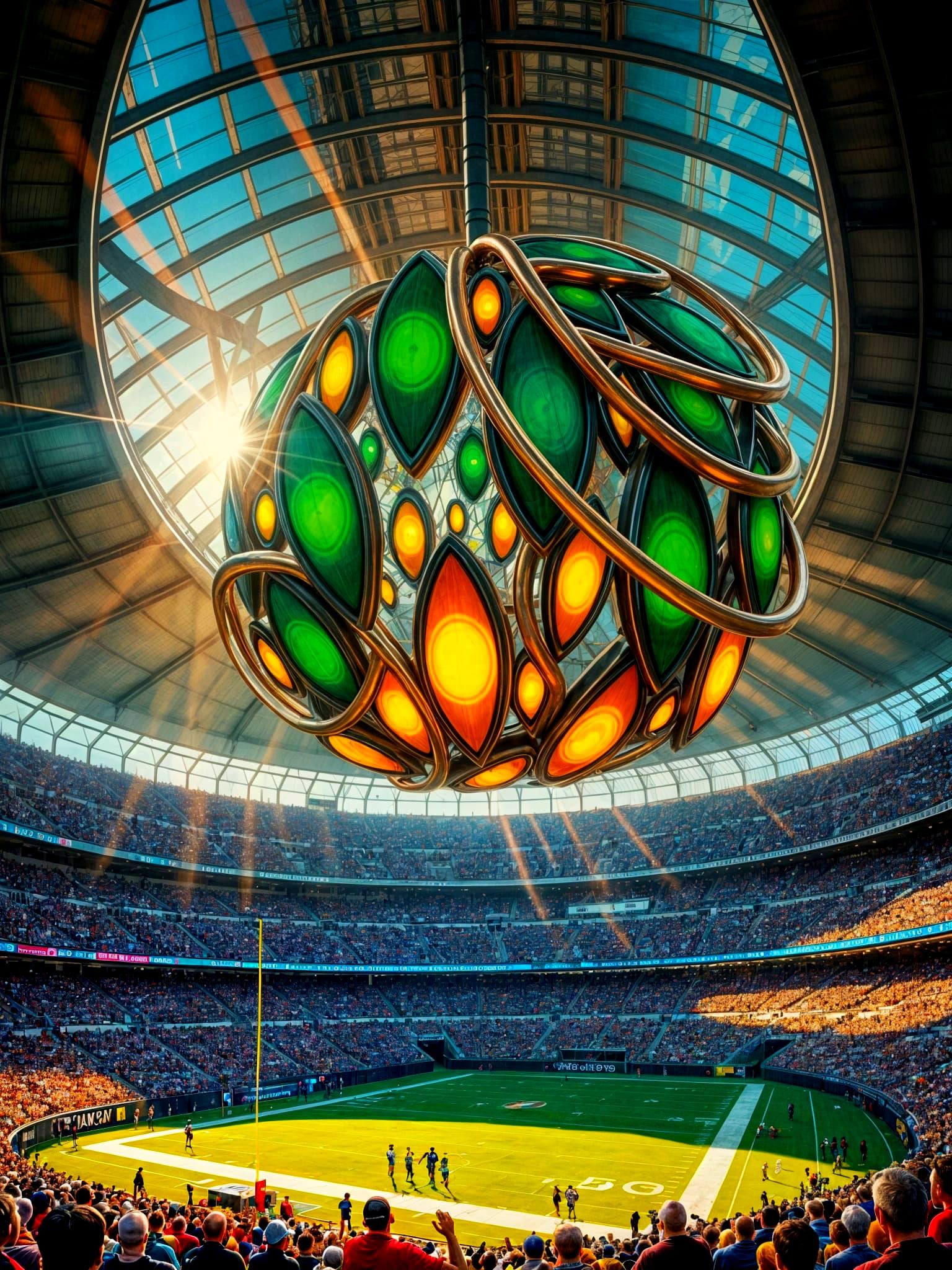 Surreal Retro Futuristic Stadium Sculpture in Copper and Yel...