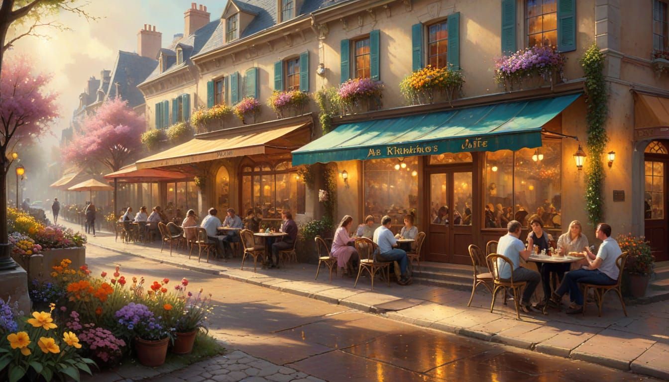 Spring Day at French Cafe: Whimsical Oil Painting