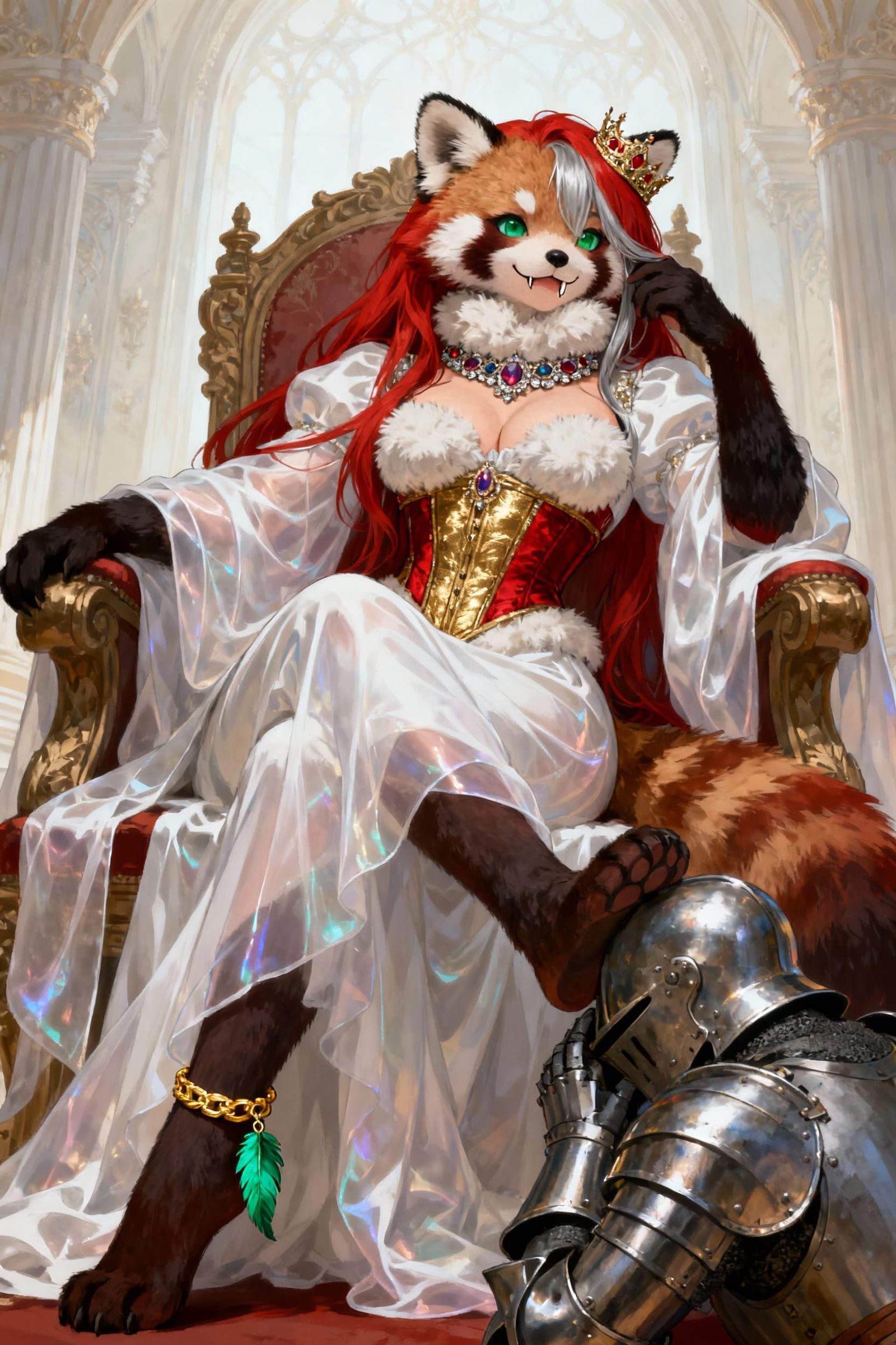 Furry Red Panda Queen on Throne with Knight