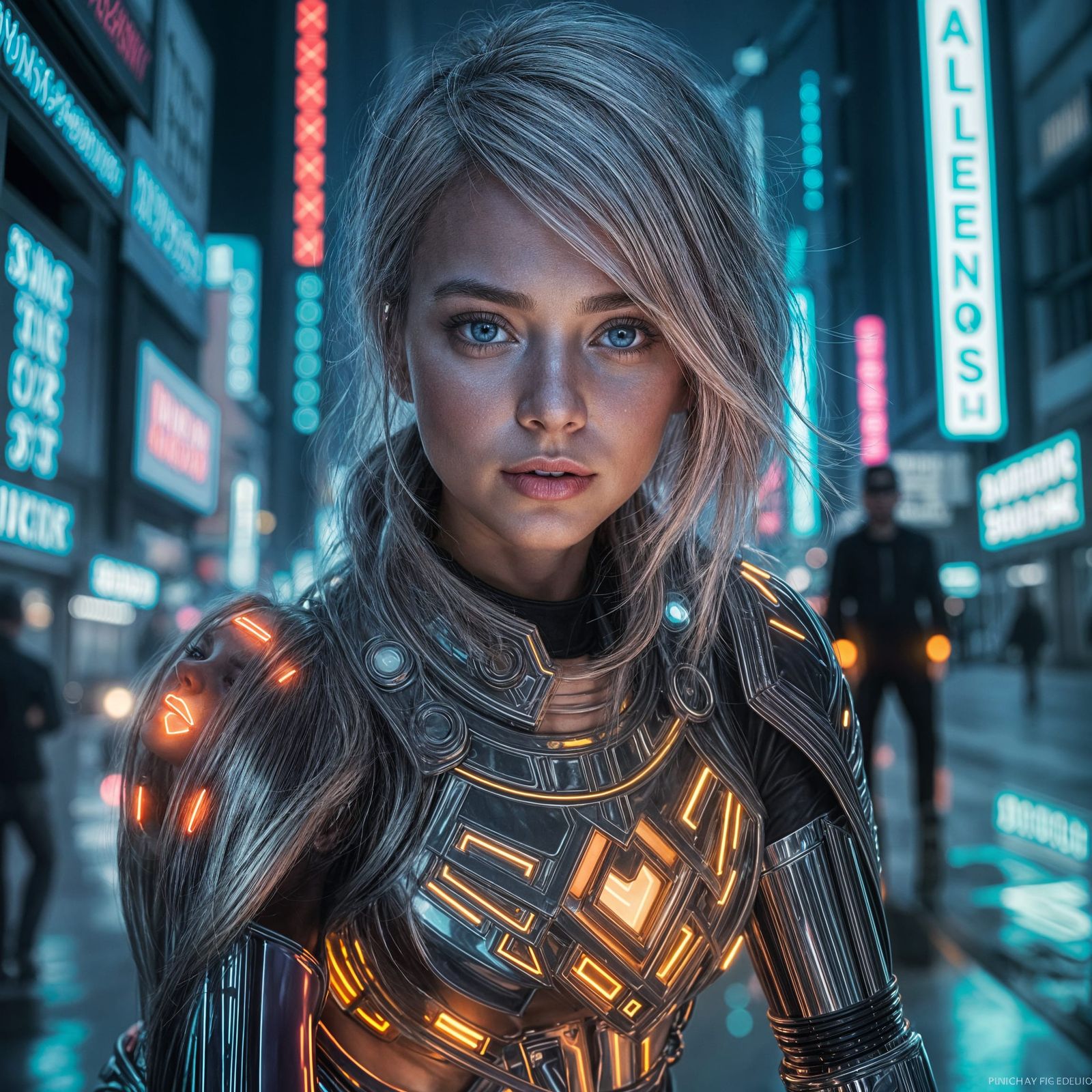 Glowing Cyberpunk Goddess in Neon City