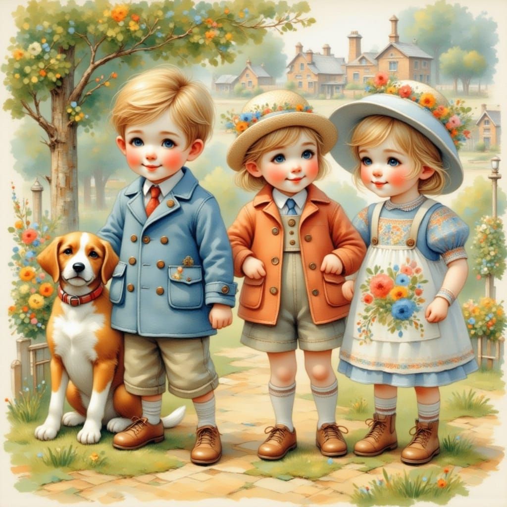 Whimsical Vintage-Style Illustration of Toddler Siblings wit...
