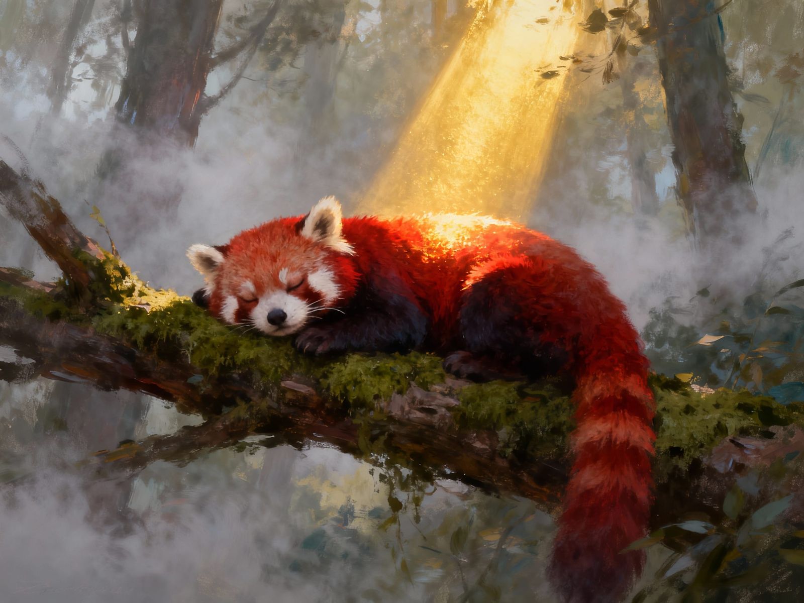 Red Panda Resting on Mossy Branch in Sunbeam, Painterly Styl...