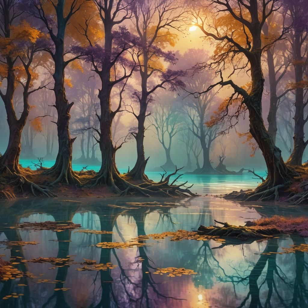 Turquoise Lake Surrounded by Purple Trees in Golden Light