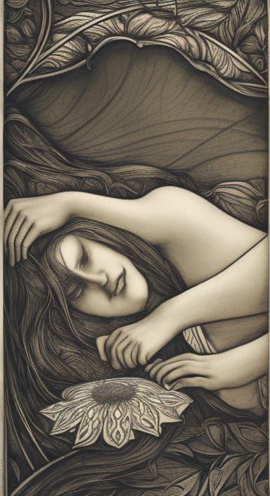 Siren on Wrought Iron Bed in Etching Style